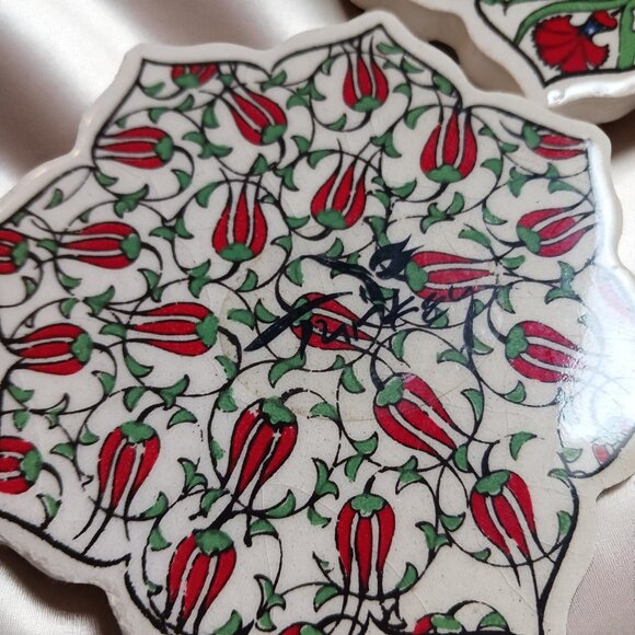 Turkish Hand Painted Ceramic Tile Coasters Set of 4 - Ottoman Iznik Style - Picture 7 of 9